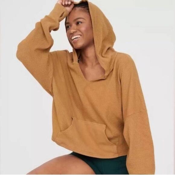 Aerie Knit Hoodie Sweatshirt Oversized XL V Neck Cropped rust/Camel Size Medium - Picture 1 of 9